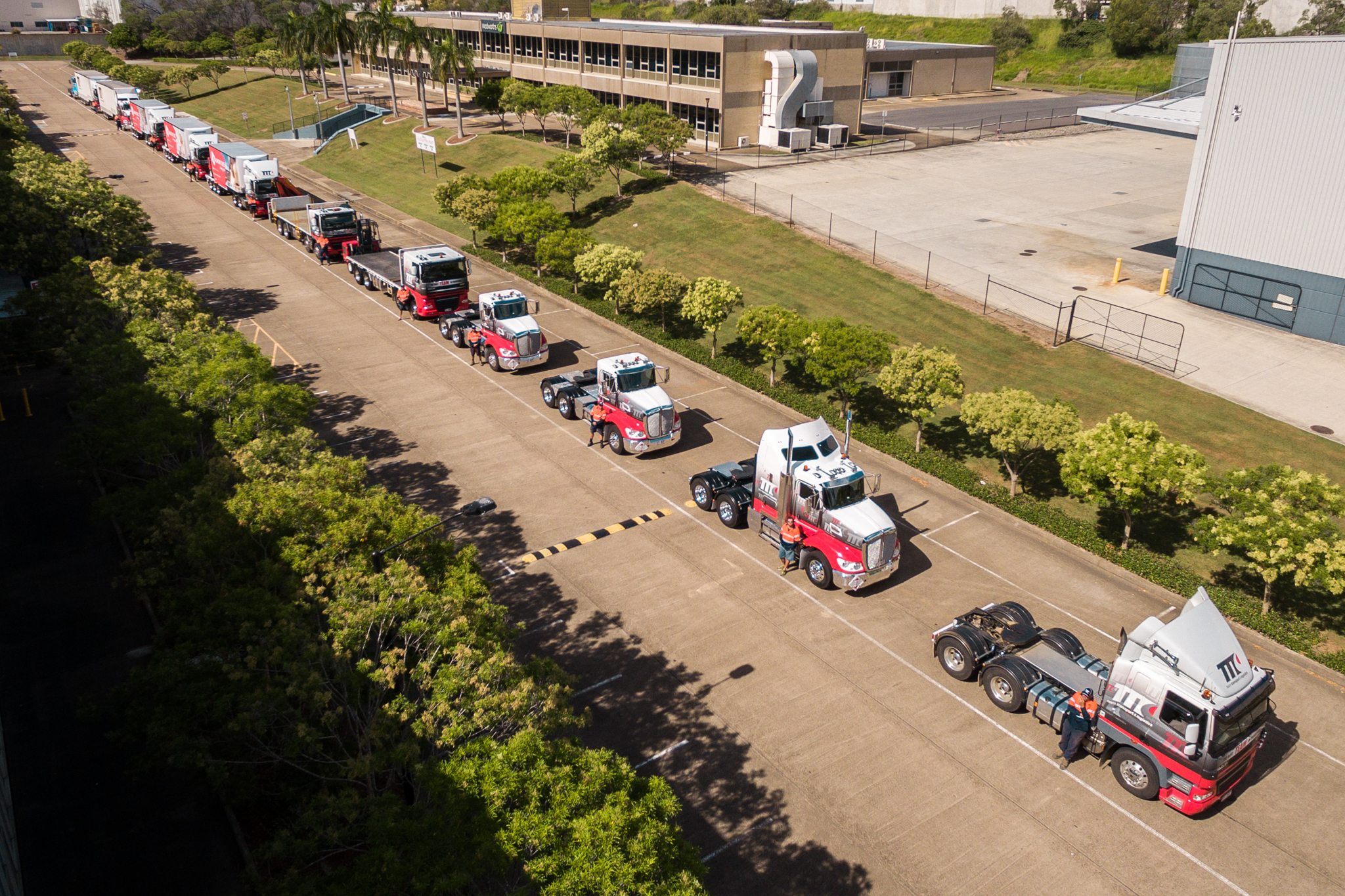 Aerial view of the fleet of trucks used by Team Transport & Logistics for services and logistics