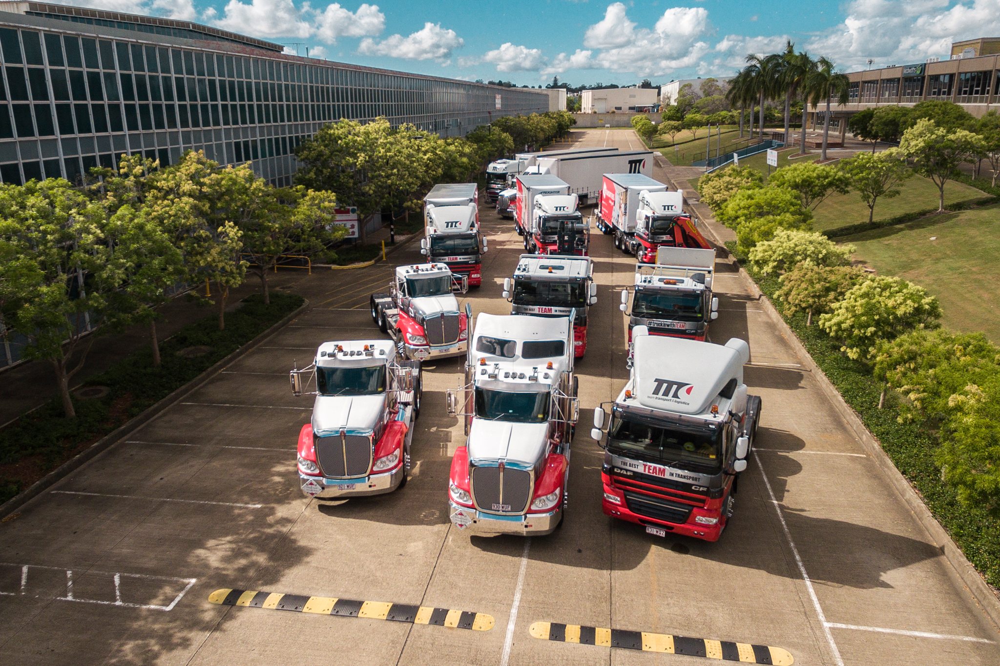 An aerial front view of trucks used by Team Transport & Logistics