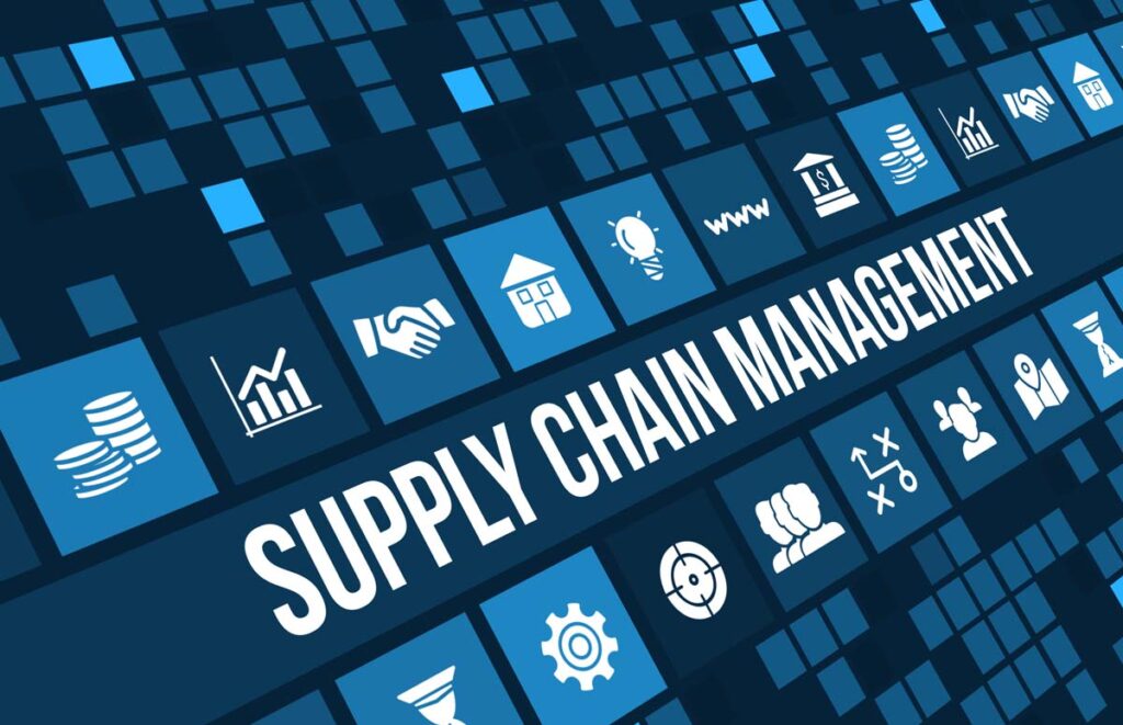 Supply chain management concept image with business icons and copy space.